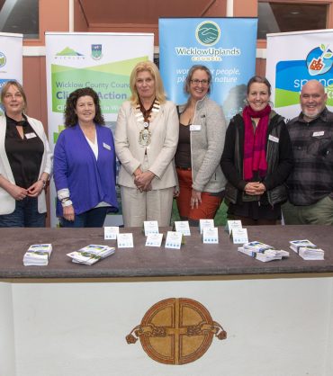 Jim Callery (Assistant Environmental Awareness Officer at Wicklow County Council),  Lorna Kelly (Wicklow Uplands Council Co-ordinator), Professor Mary Burke, Cllr. Melanie Corrigan (Cathaoirleach of Wicklow County Council), Faith Wilson (Ecological Consultant), Hannah O'Kelly (Biodiversity Officer Wicklow County Council), Eanna Gallagher (Local Authority Waters Programme) and Justin Ivory (Local Authority Waters Programme) at the launch of Spongeworks in the Pavilion, Aughrim